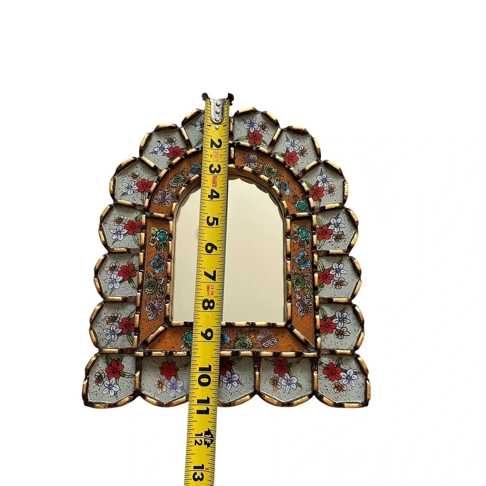 VTG Peruvian Cuzcaja Wall Mirror Reverse Painted Glass Gld Gilt Arched 11.5in